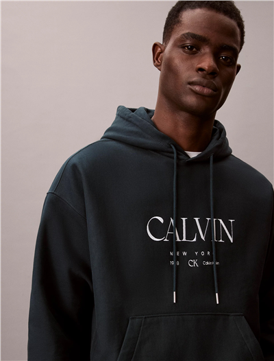 Calvin Klein LS Premium Fleece Calvin Graphic Erkek Kapüşonlu Sweatshirt Mavi