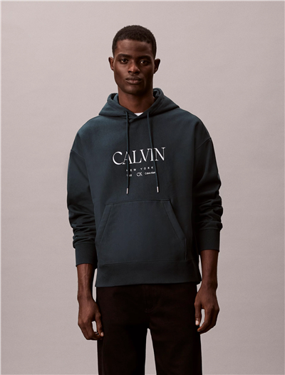 Calvin Klein LS Premium Fleece Calvin Graphic Erkek Kapüşonlu Sweatshirt Mavi
