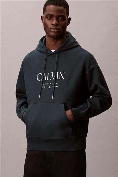 Calvin Klein LS Premium Fleece Calvin Graphic Erkek Kapüşonlu Sweatshirt Mavi