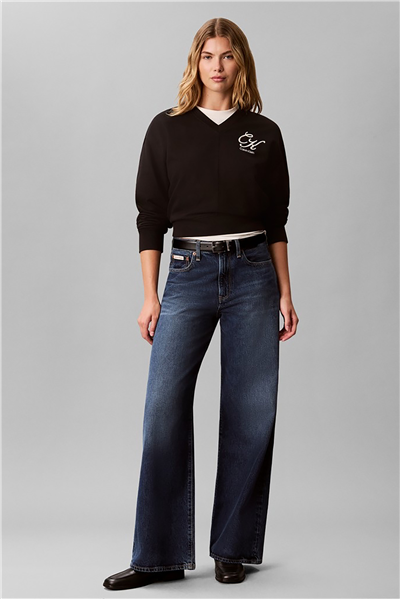 Calvin Klein Ls Premium Fleece Script Vneck P Kadın V Yaka Sweatshirt Siyah