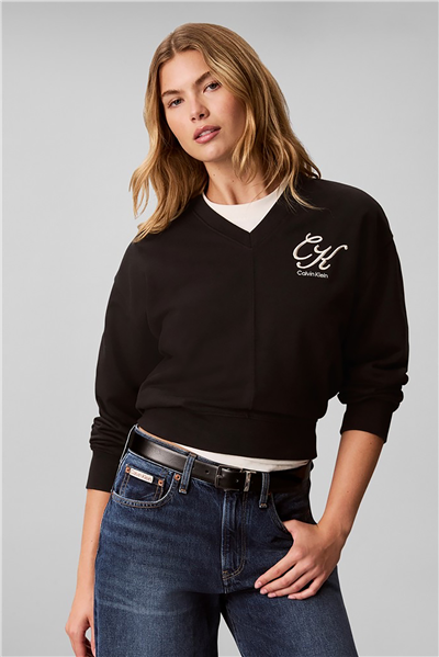 Calvin Klein Ls Premium Fleece Script Vneck P Kadın V Yaka Sweatshirt Siyah