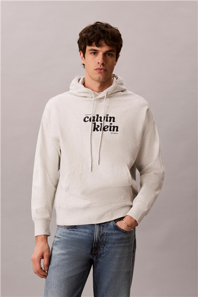 Calvin Klein Ls Premium Terry Graphic Hoodie Erkek Kapüşonlu Sweatshirt Beyaz