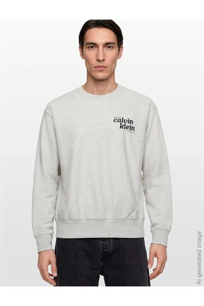 Calvin Klein Ls Premium Terry Grph Crewneck Erkek Bisiklet Yaka Sweatshirt Beyaz