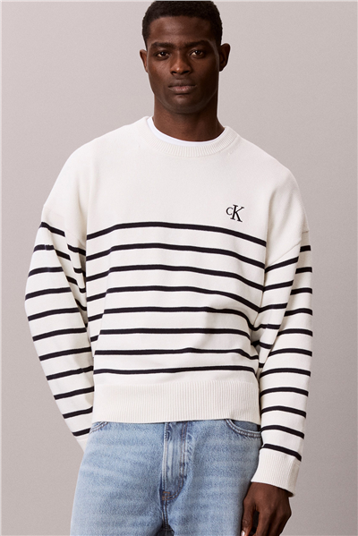 Calvin Klein Ls Rlxd Cotton Crewnk Swtr 7Gg Erkek Triko Beyaz