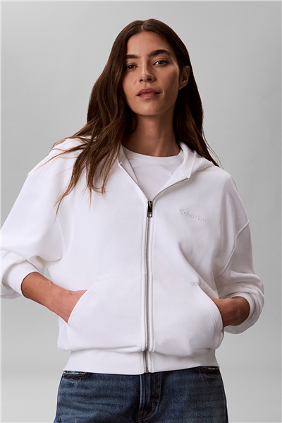 Calvin Klein Ls Terry Standard Logo Fz Hoodie Kadın Kapüşonlu Sweatshirt Beyaz