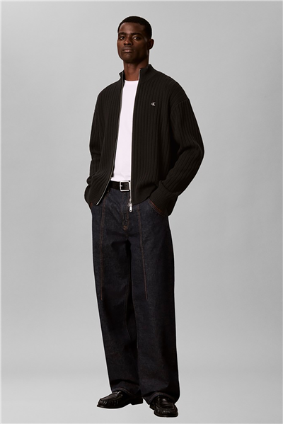 Calvin Klein Ls Vertical Texture Cttn Fz Swtr Erkek Triko Siyah