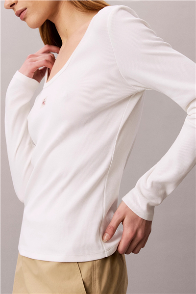 Calvin Klein Ls Woven Label 2X2 Baby Rib Scoo Kadın Bisiklet Yaka T-Shirt Beyaz