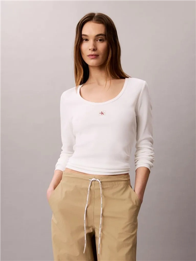 Calvin Klein Ls Woven Label 2X2 Baby Rib Scoo Kadın Bisiklet Yaka T-Shirt Beyaz