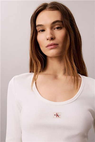 Calvin Klein Ls Woven Label 2X2 Baby Rib Scoo Kadın Bisiklet Yaka T-Shirt Beyaz