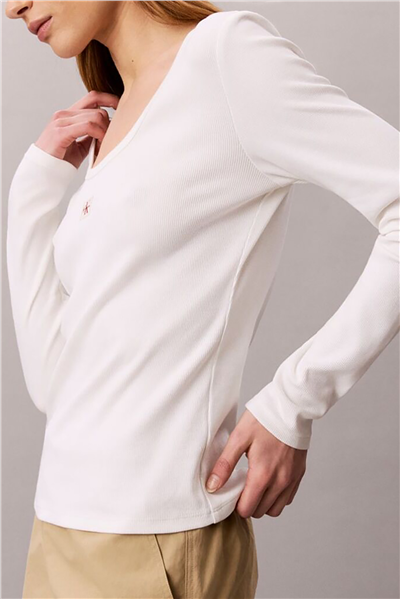 Calvin Klein Ls Woven Label 2X2 Baby Rib Scoo Kadın Bisiklet Yaka T-Shirt Beyaz