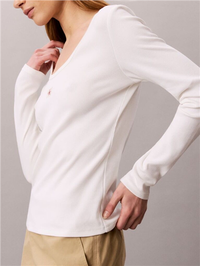 Calvin Klein Ls Woven Label 2X2 Baby Rib Scoo Kadın Bisiklet Yaka T-Shirt Beyaz