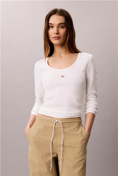Calvin Klein Ls Woven Label 2X2 Baby Rib Scoo Kadın Bisiklet Yaka T-Shirt Beyaz