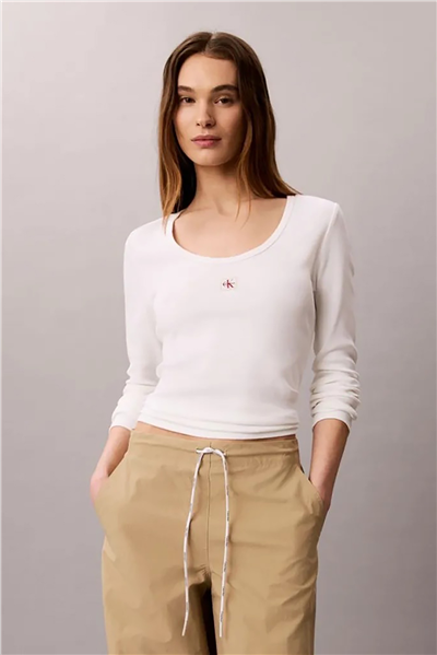 Calvin Klein Ls Woven Label 2X2 Baby Rib Scoo Kadın Bisiklet Yaka T-Shirt Beyaz