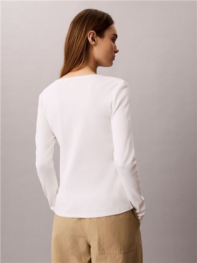 Calvin Klein Ls Woven Label 2X2 Baby Rib Scoo Kadın Bisiklet Yaka T-Shirt Beyaz