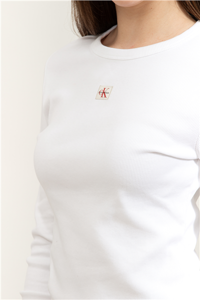 Calvin Klein LS Woven Label 2X2 Rib Crew Top Kadın Bluz