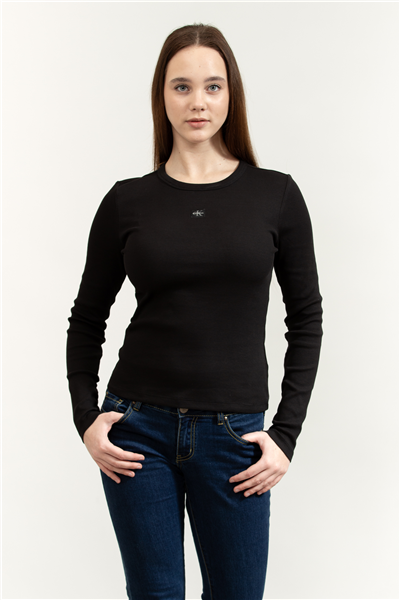 Calvin Klein LS Woven Label 2X2 Rib Crew Top Kadın Bluz