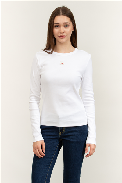 Calvin Klein LS Woven Label 2X2 Rib Crew Top Kadın Bluz