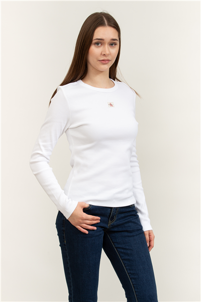 Calvin Klein LS Woven Label 2X2 Rib Crew Top Kadın Bluz