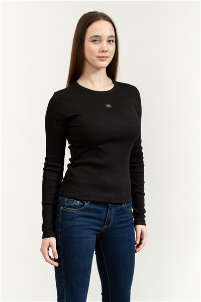 Calvin Klein LS Woven Label 2X2 Rib Crew Top Kadın Bluz