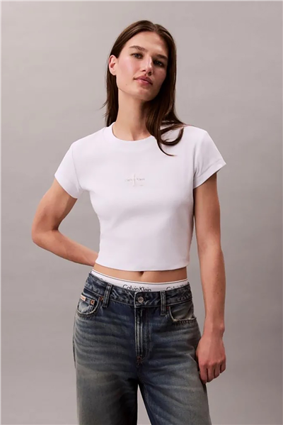 Calvin Klein Monologo Baby Rib Tee Kadın Bisiklet Yaka T-Shirt Beyaz