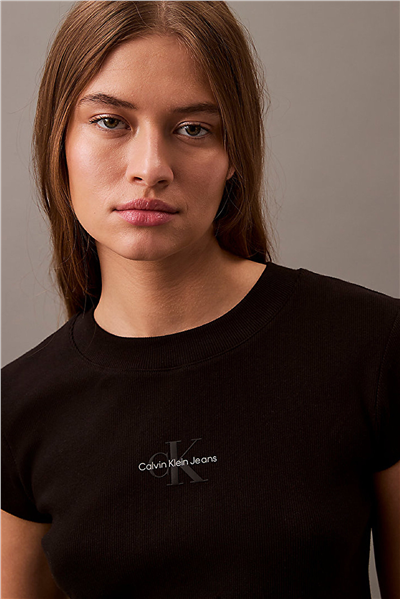 Calvin Klein Monologo Baby Rib Tee Kadın Bisiklet Yaka T-Shirt Siyah