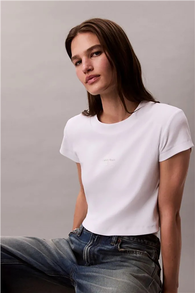 Calvin Klein Monologo Baby Rib Tee Kadın Bisiklet Yaka T-Shirt Beyaz