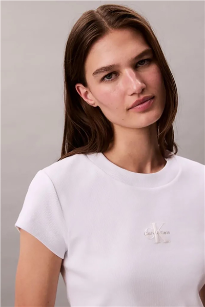 Calvin Klein Monologo Baby Rib Tee Kadın Bisiklet Yaka T-Shirt Beyaz