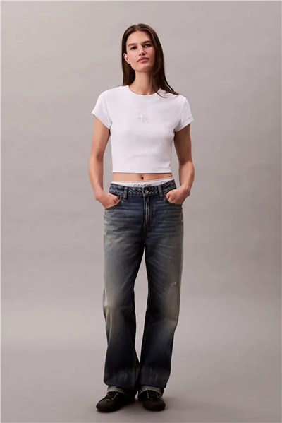 Calvin Klein Monologo Baby Rib Tee Kadın Bisiklet Yaka T-Shirt Beyaz