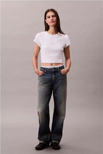Calvin Klein Monologo Baby Rib Tee Kadın Bisiklet Yaka T-Shirt Beyaz