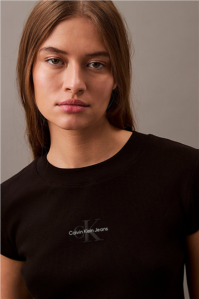 Calvin Klein Monologo Baby Rib Tee Kadın Bisiklet Yaka T-Shirt Siyah