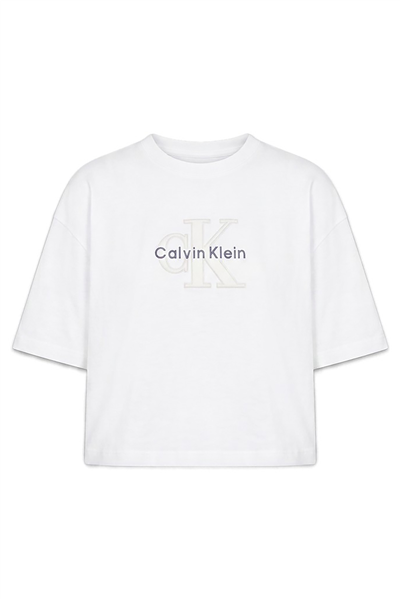 Calvin Klein Os Cropped Denim Applique Monolo Kadın Bisiklet Yaka T-Shirt Beyaz