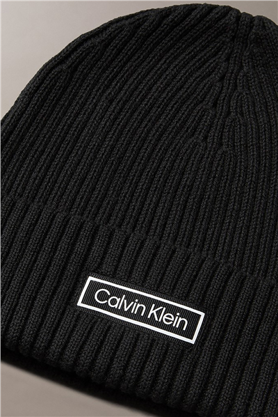 Calvin Klein Patch Chunky Rib Cotton Beanie Erkek Bere Siyah