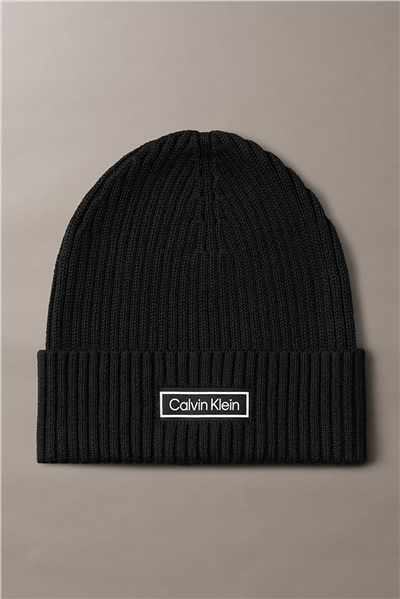 Calvin Klein Patch Chunky Rib Cotton Beanie Erkek Bere Siyah