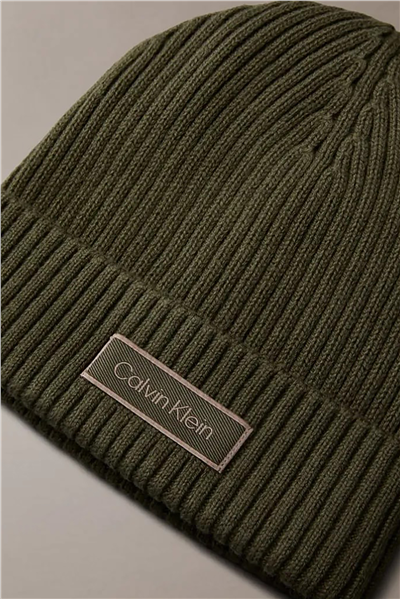 Calvin Klein Patch Chunky Rib Cotton Beanie Erkek Bere Yeşil
