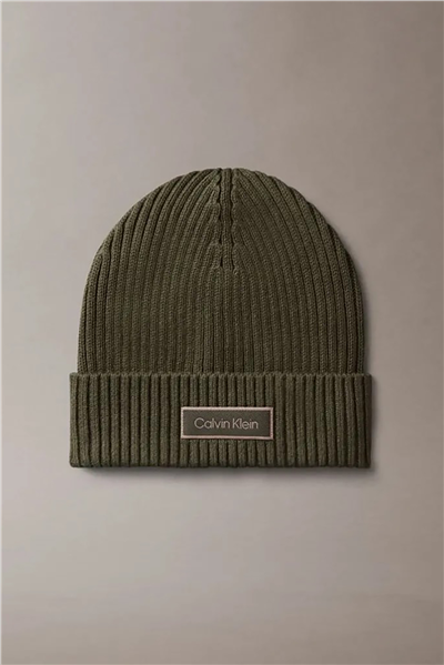 Calvin Klein Patch Chunky Rib Cotton Beanie Erkek Bere Yeşil