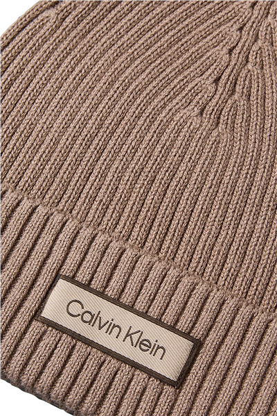 Calvin Klein Patch Chunky Rib Cotton Beanie Erkek Bere Kahverengi