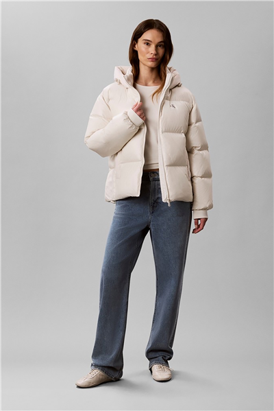 Calvin Klein Shine Mw Logo Hooded Down Puffer Kadın Şişme Mont Beyaz