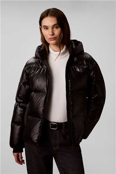 Calvin Klein Shine Mw Logo Hooded Down Puffer Kadın Şişme Mont Siyah