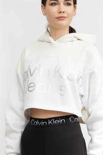 Calvin Klein Shiny institutional Hoodie Kadın Kapüşonlu Sweatshirt Beyaz