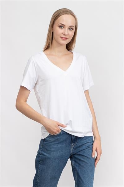 Calvin Klein Smooth Cotton Kadın V Yaka T-Shirt Beyaz