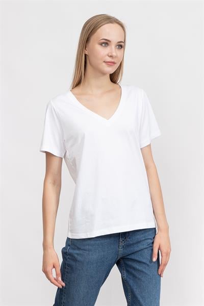 Calvin Klein Smooth Cotton Kadın V Yaka T-Shirt Beyaz