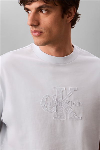 Calvin Klein Ss 16S Linen Applique Monologo T Erkek Bisiklet Yaka T-Shirt Mavi