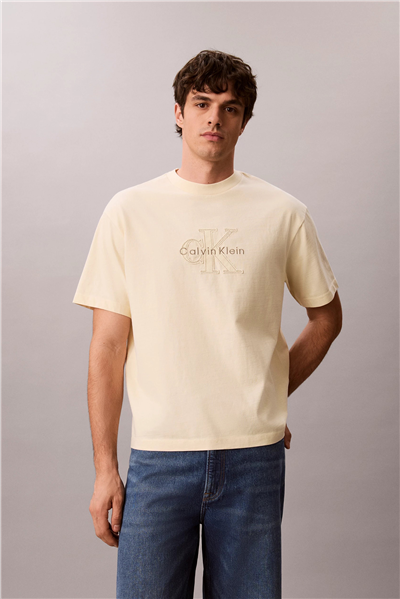 Calvin Klein Ss 16S Linen Applique Monologo T Erkek Bisiklet Yaka T-Shirt