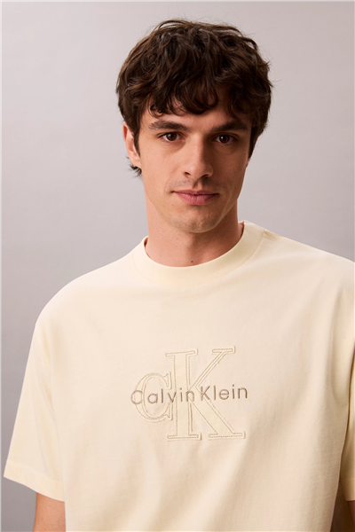 Calvin Klein Ss 16S Linen Applique Monologo T Erkek Bisiklet Yaka T-Shirt