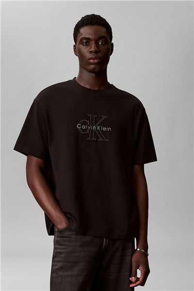 Calvin Klein Ss 16S Linen Applique Monologo T Erkek Bisiklet Yaka T-Shirt Siyah