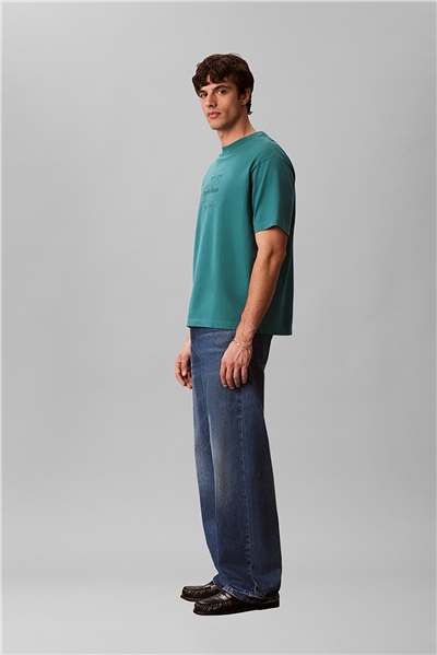 Calvin Klein Ss 16S Linen Applique Monologo T Erkek Bisiklet Yaka T-Shirt