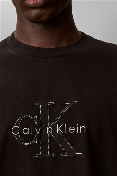 Calvin Klein Ss 16S Linen Applique Monologo T Erkek Bisiklet Yaka T-Shirt Siyah