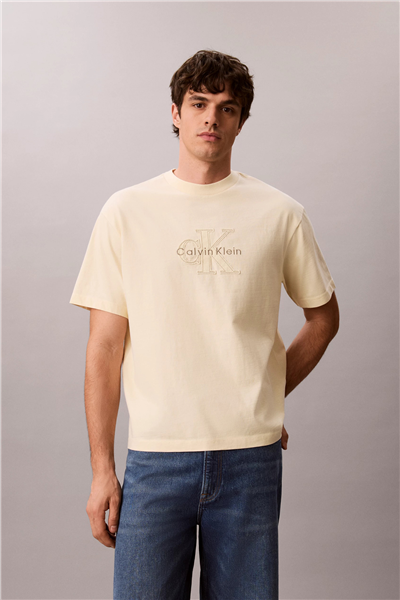 Calvin Klein Ss 16S Linen Applique Monologo T Erkek Bisiklet Yaka T-Shirt
