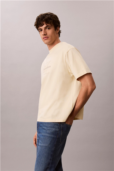 Calvin Klein Ss 16S Linen Applique Monologo T Erkek Bisiklet Yaka T-Shirt