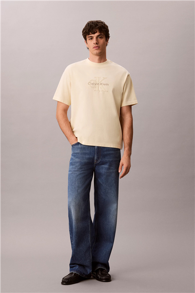 Calvin Klein Ss 16S Linen Applique Monologo T Erkek Bisiklet Yaka T-Shirt